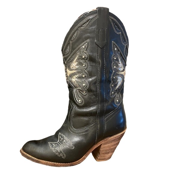 MISS CAPEZIO USA Made Vintage Black Leather Metallic Butterfly Cowboy Boots 8 - Picture 2 of 16